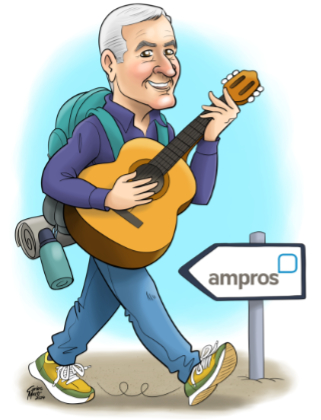 caricatura personalizada de jubilacion de hombre mayor andando con mochila y tocando la guitarra