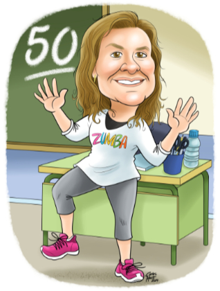 caricatura personalizada de profesora de primaria aficionada al zumba