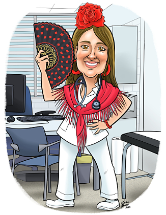 caricatura personalizada de doctora vestida de flamenca en la consulta