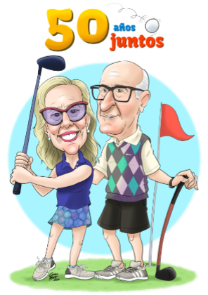 caricatura personalizada de pareja de abuelos jugando al golf y celebrando su 50 aniversario de boda