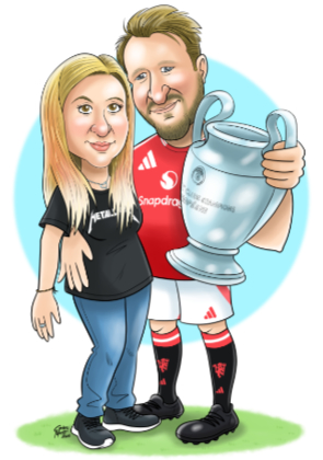 caricatura personalizada de pareja de hombre aficionado del manchester united y mujer rockera